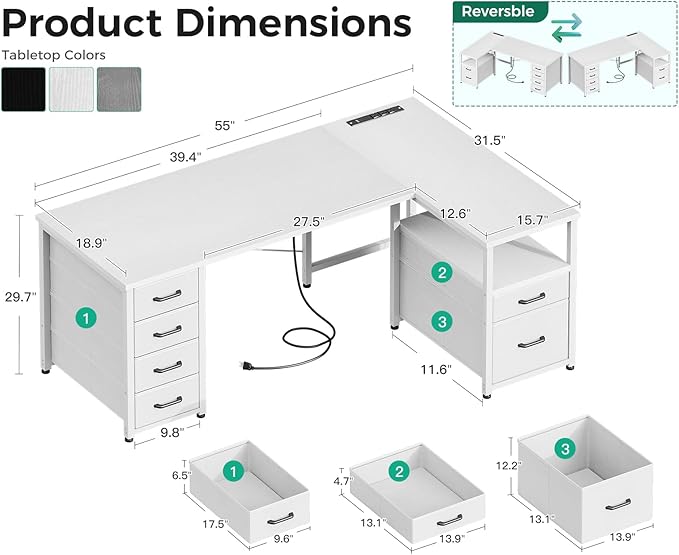 Coleshome L Shaped Computer Desk with 6 Drawers &amp Power Outlet 55 Inch Corner Desk with Reversible Storage Shelf &amp File Drawer Home Office Desk White