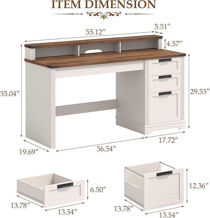Vabches 55 Farmhouse Executive Desk with 3 Drawers Wooden Computer Desk with Keyboard Tray Home Office Desk with File Drawer (Fits A4 Size) for Work and Study White and Brown