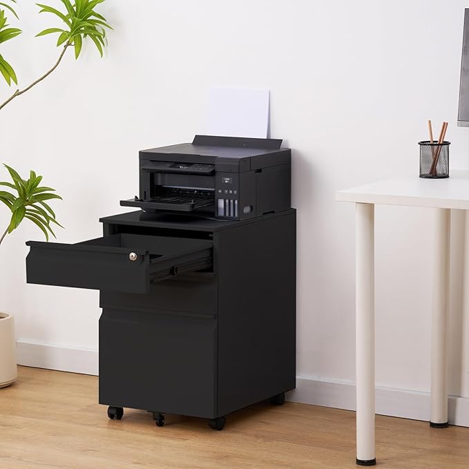 3 Drawer Metal Filing Cabinet with Lock Black Mobile File Cabinets for Home Office Under Desk Rolling Storage for Legal Letter A4 Files (15.3 Wx19.6 Dx23.7 H)