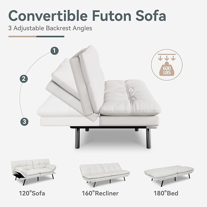 Futon Sofa Bed Convertible Couch White Faux Leather Sofa Bed with Memory Foam Adjustable Backrest &amp Armrests Multifunctional Small Loveseat Sleeper Sofa for Living Room Apartment Office
