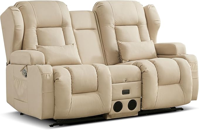 IPKIG 68 Loveseat Recliner Sofa Manual Rocker Reclining Couch with Fold Down Console Side Pocket Bluetooth Speaker Built-in Outlets Rocker Chair for Nursery Living Room Home Office (Beige)