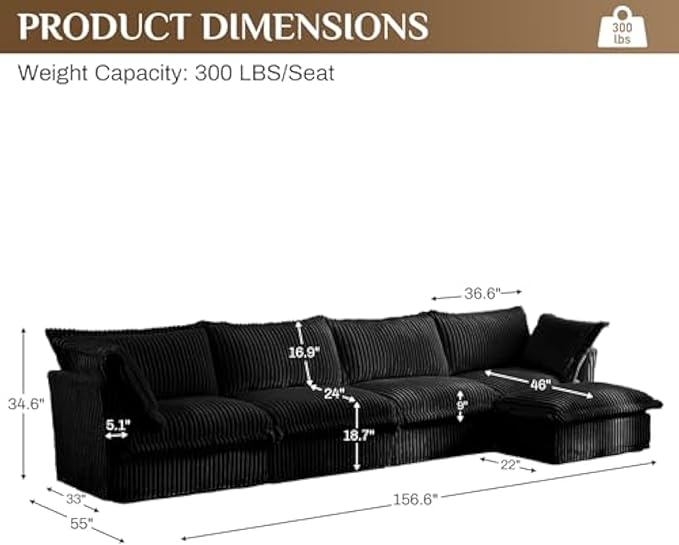 Modular Sectional Sofa Cloud Couch 156.6 L Shaped Comfy 3-Seat Couch with Ottoman &amp Removable Cover Oversized Sofa Set for Living Room Apartment Black Corduroy