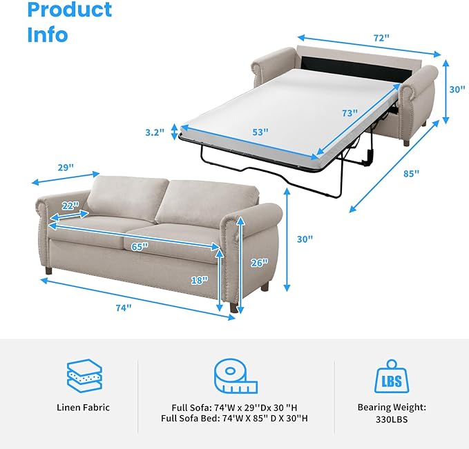 CECER Full Size Pull Out Sofa Bed 2 in 1 Sleeper Sofa Convertible Couch Bed with Foldable Mattress Pull Out Couch Bed with Upholstered Nailhead for Living Room Apartment Office-Beige