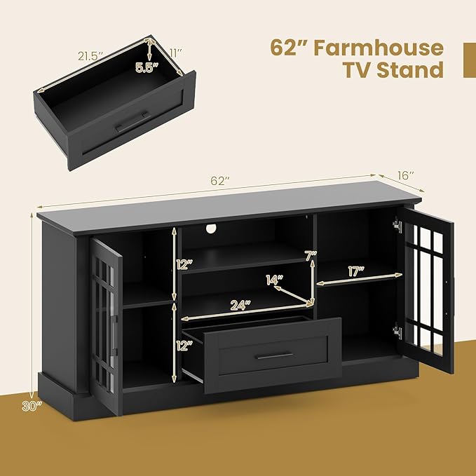 Giantex Farmhouse TV Stand for 65/70 Inch TV Tall Entertainment Center with Storage Cabinets Glass Doors Drawer Removable Shelves Media TV Console Table for Living Room Bedroom (Black)
