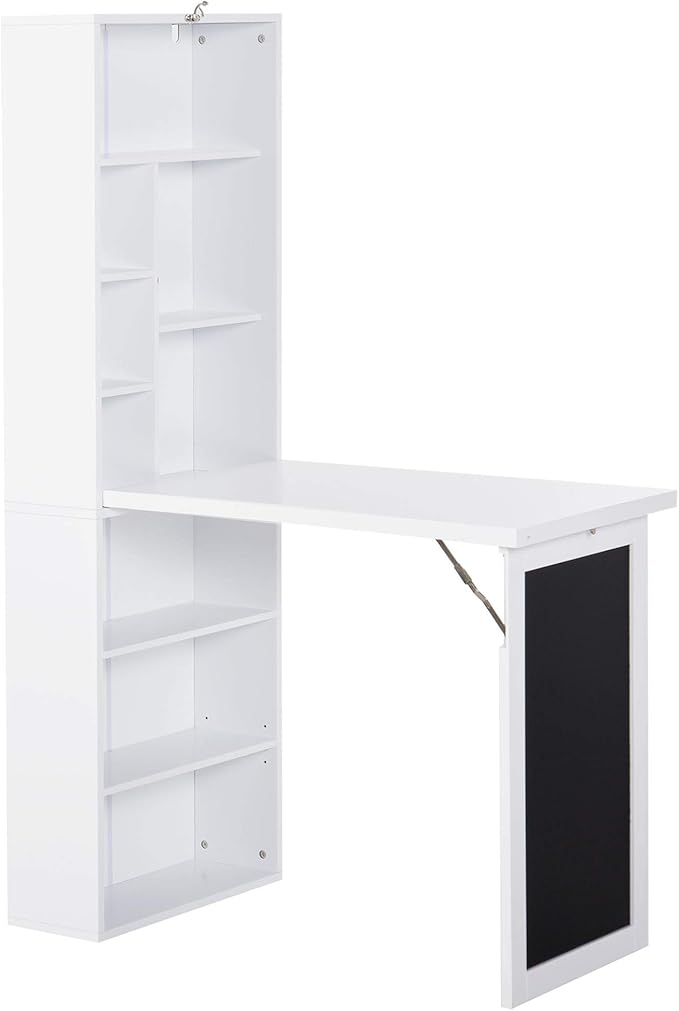 Folding Wall Mounted Desk with Storage Expandable Hidden Computer Desk Foldable Space-Saving Pull Out Murphy Table Writing Table with Blackboard for Home Office Bedroom Small Spaces (White.)