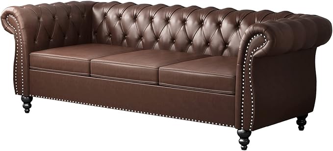 ONCIN Chesterfield Sofa Leather for Living Room 3 Seater Sofa Tufted Couch Faux Leather with Rolled Arms and Nailhead for Living Room Bedroom Office Apartment (Dark Brown)