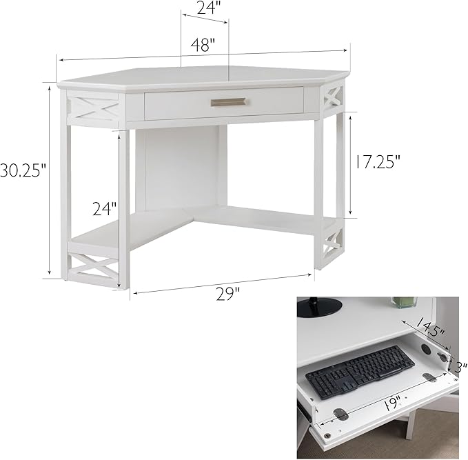 Leick Home Sage Corner Office Desk Solid Wood with Drop Front Keyboard Drawer White 85430