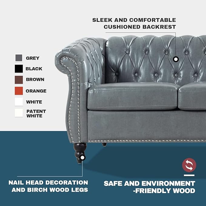 Grey Chesterfield Sofa Faux Leather Couch for Living Room Comfy Deep-Seated 3-Seater Couch for Bedroom Office or Apartment. Sofa Furniture with 84-inch Roll Arms
