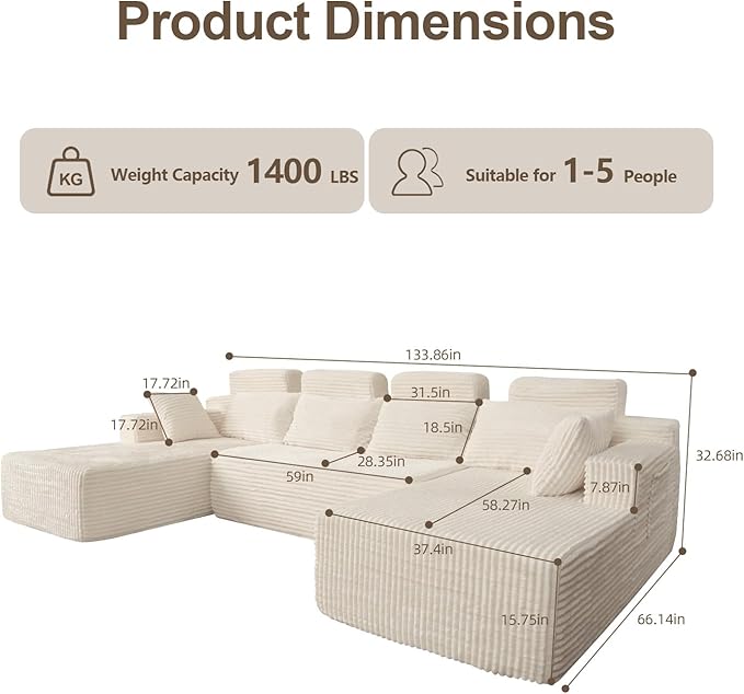 134 U-Shape Oversized Cloud Boneless Sofa Couch with Chaise Modern Modular Sectional Comfy U-Shape Cloud Couch Deep Seat No Assembly Required (White) | Boneless Sofa Ergonomic Design