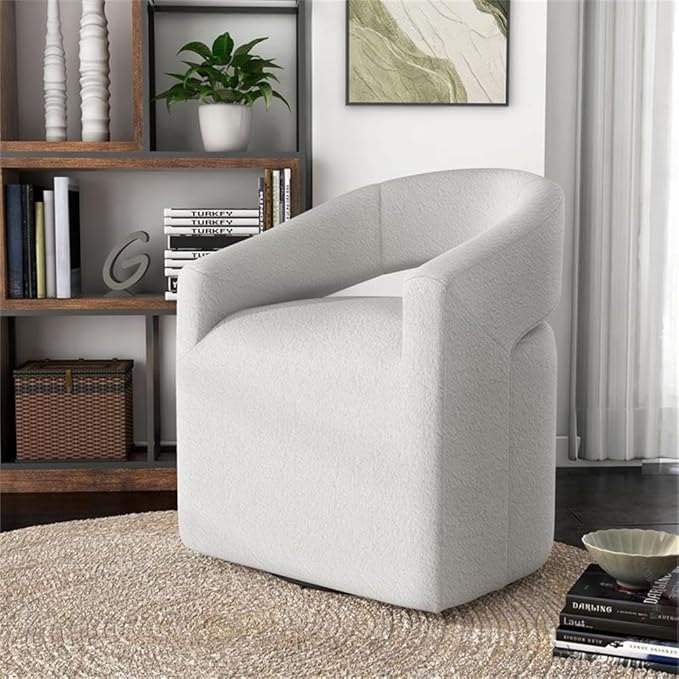 Pemberly Row Contemporary Fabric Armchair 360-Degree Swivel Curved Armrests Bouclé Fabric in White 32.75 H x 27 W x 26 D Modern Accent Chair for Living Room Bedroom Office