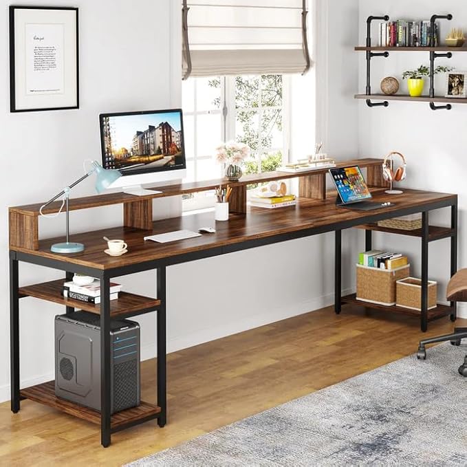 Home Double Computer Desk 78 Inch Double Desk with Open Storage Shelves Large Writing Desk Corporate Workstation for Home Office Brown