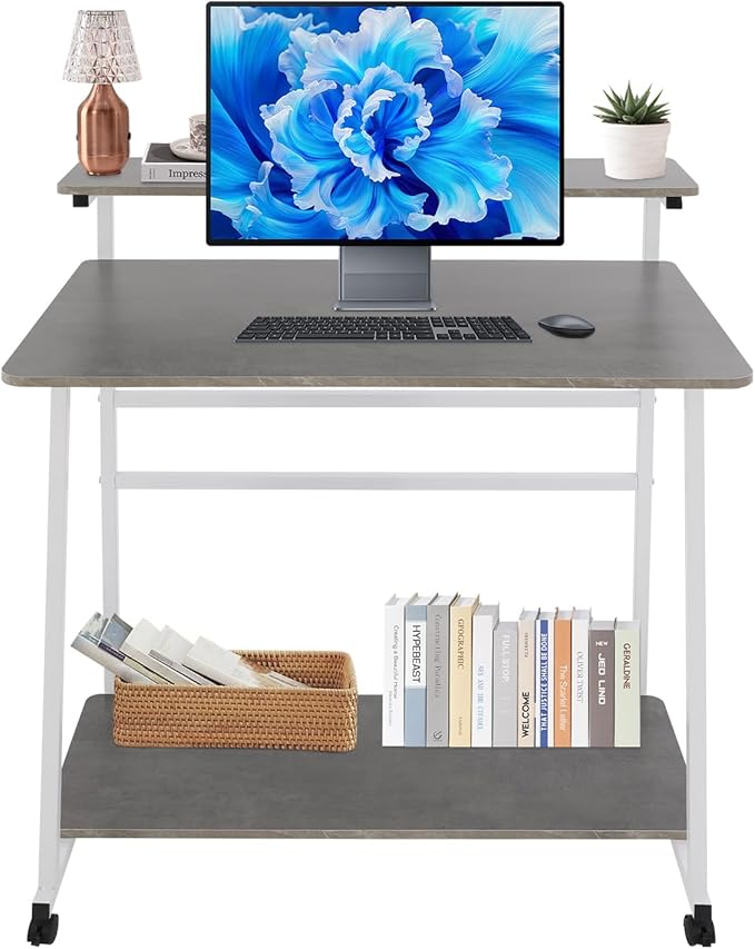 3 Tier Home Office Desk Adjustable Rolling Computer Desk with Wheels &amp Foot Pads for Home Office Study Apartment Dorms 31.5 Desktop (White Frame &amp Grey Board)