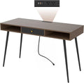 Mid Century Desk with USB Ports and Power Outlet Modern Writing Study Desk with Drawers Multifunctional Home Office Computer Desk Walnut