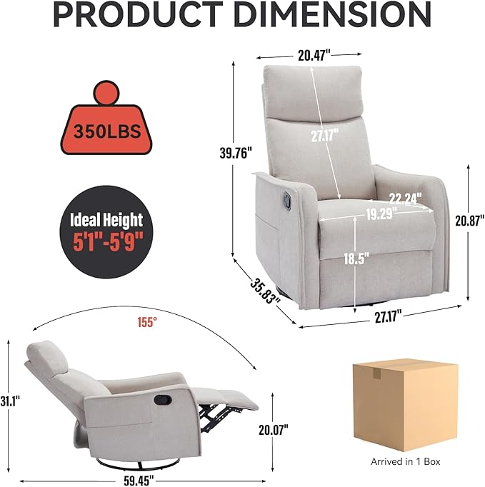 360°Swivel in Fabric Reclining ChairsHeat Massage Manual Recliner ChairSmall Recliners SpacesSingle Lazyboy Recliner Sofa for Living RoomRVBedroomBeige
