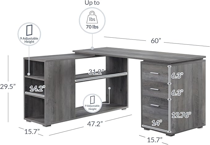 BELLEZE L Shaped Computer Desk 60” Study Writing Table Home Office Desk Morden Corner Workstation Setup with Adjustable Storage Shelves and 3 Drawers Gray Wash