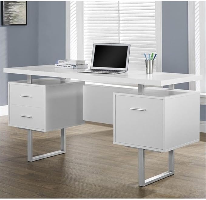 BOWERY HILL Computer Desk 60 Large Metal Frame White Finish 3 Storage Drawers Reversible Design Thick Floating Desktop Modern U-Shaped Legs Home Office Laptop or Writing Use