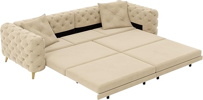 97.7'' Pull Out Sofa Bed King Chesterfield Velvet Sleeper Sofa Convertible L-Shaped Futon Couch Tufted Back Ottoman Deep Seat Loveseat Couches for Living Room Apartment Honey Beige