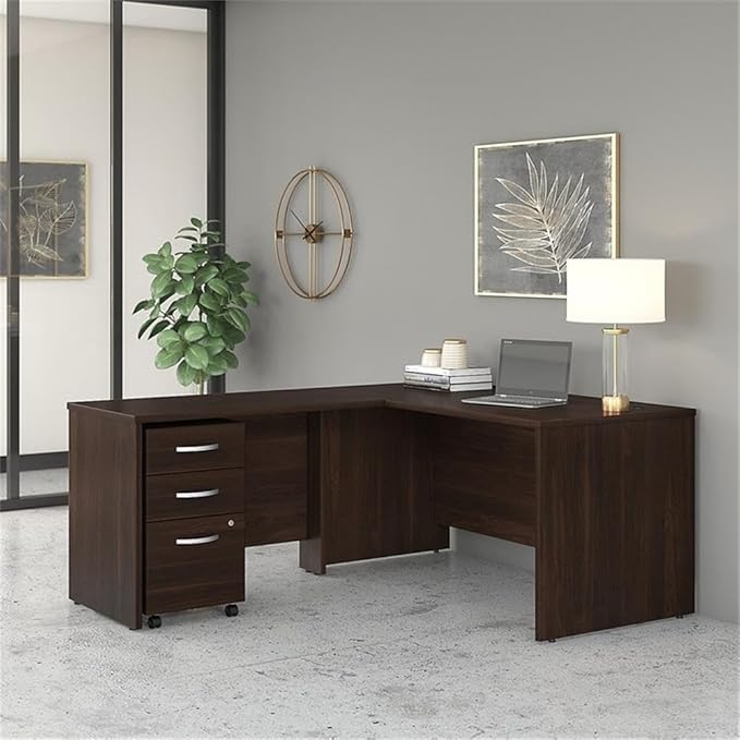 Bush Business Furniture 60W x 30D L Shaped Desk with Mobile File Cabinet Corner Table and Drawers for Home or Professional Office Studio C Collection Black Walnut
