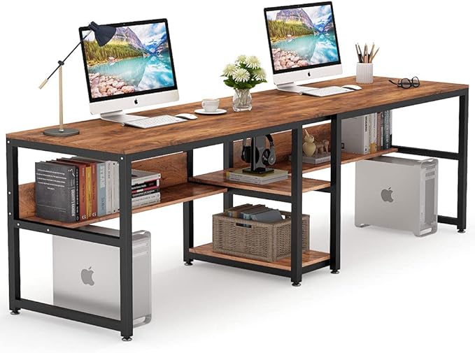 Tribesigns Two Person Desk with Bookshelf 78.7 Computer Office Double Desk for Two Person Rustic Writing Desk Workstation with Shelf for Home Office (Brown)