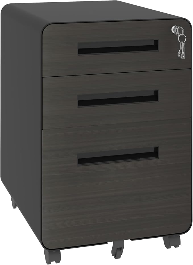 3-Drawer Mobile File Cabinet with Lock Small All-Steel Metal Filing Cabinets Organizer with Locking Drawers for Home Office Under Desk StorageHolds A4/Letter FilesBlack-Metal-Classic