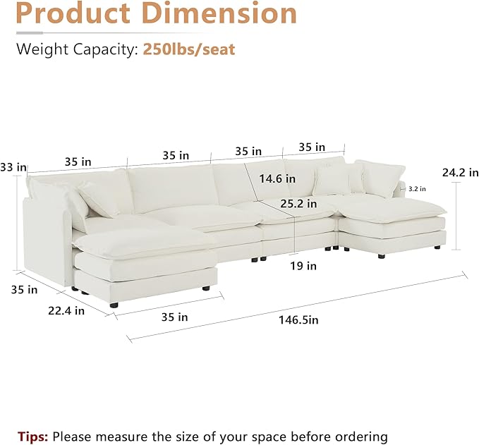 mikibama Modular Sectional Sofa 146.5 Inch U Shaped Couch Set for Living Room 4-Seater Comfy Cloud Couches with Two Movable Ottoman DIY Combination Chenille Beige