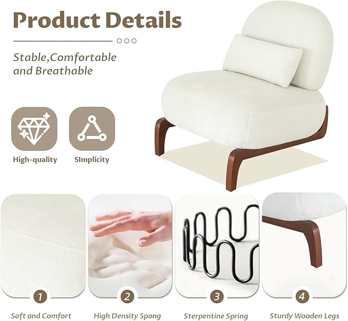 White Armless Accent Chairs Comfy Upholstered Cloud Accent Chair with Solid Wood Legs &amp Pillow for Living Room Bedroom Balcony &amp Patio Reading - Unique Design (White 1)