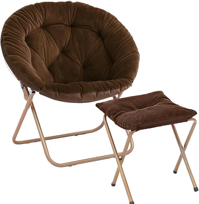 Magshion Folding Saucer Chair for Adults with Ottoman Circle Reading Chair for Bedroom Living Room &amp Dorm Furry Comfy Accent Seat with Metal Leg &amp Thick Padded for Small Spaces (Brown 1 Pa