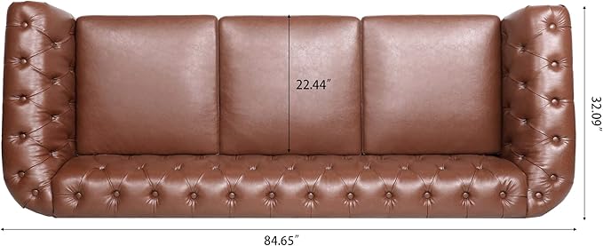 GDFStudio 85 Tufted Button Chesterfield Sofa with Deep Seat Cushions Rolled Arms &amp Gold Accent Strip Midcentury Modern 3-Seater Upholstered Sofa Couch for Living Room Classic Furniture Brown