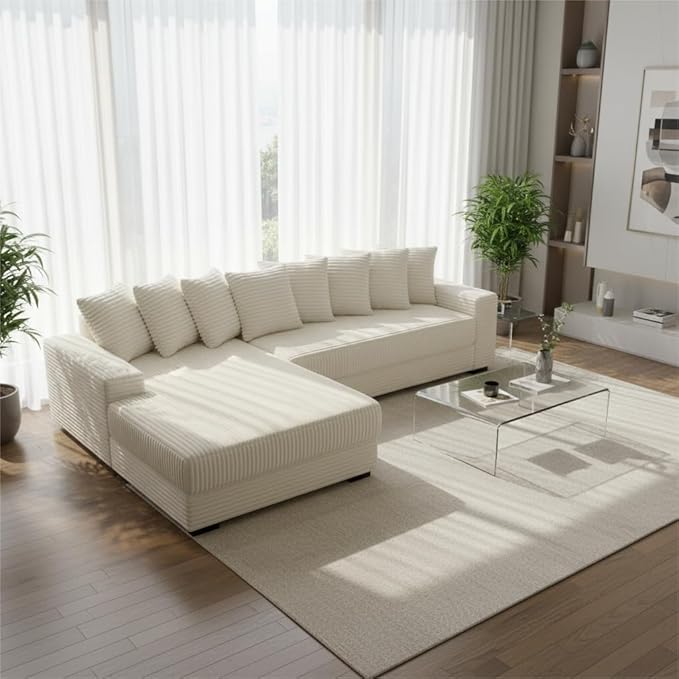 110 Cloud Sectional Couch L Shaped Sectional Couch with Chaise and 8 Side Sleeper Pillows 5 Seat Sleeper Sofa Bed for Living Room Corduroy Fabric Beige Left Style