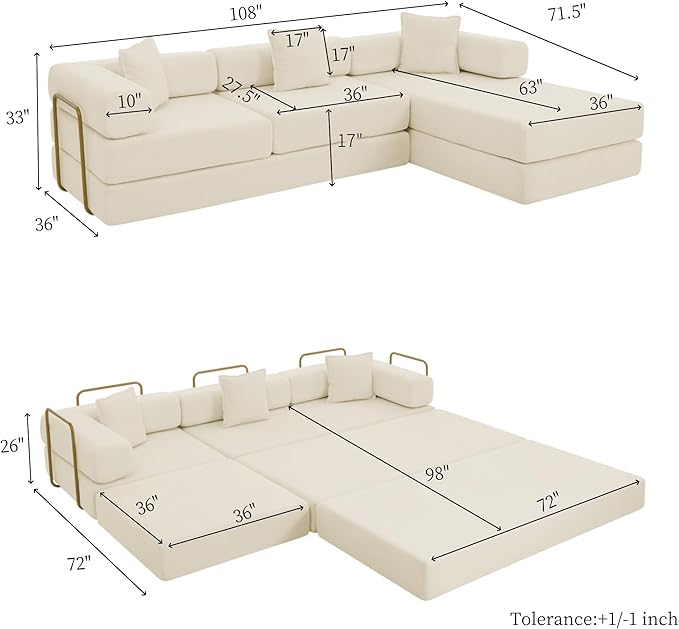 Eafurn L Shaped Convertible Sleeper Sofa Bed King Size Sleeper Sofabed 7-in-1 DIY Combination Corduroy Folding Mattress Couch with Fixed-Shape Frame Boneless Floor Sofa Couch
