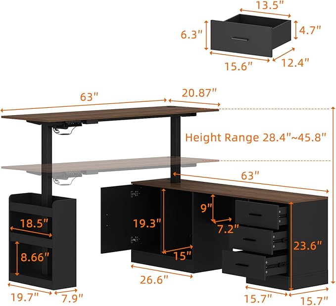 Homsee Home Office L Shaped Electric Standing Desk with Drawers and Shelves Height Adjustable Stand up Desk 63 Computer Executive Corner Table Walnut &amp Black