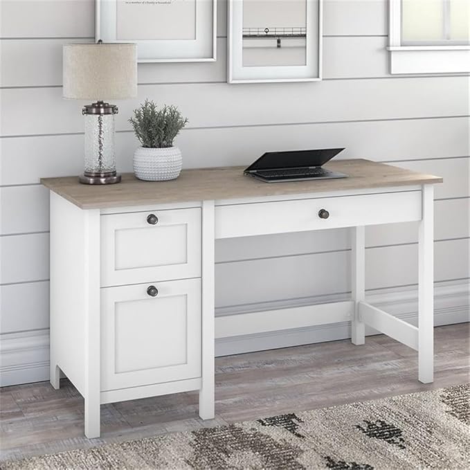 Atlin Designs 54 Farmhouse Computer Desk Engineered Wood White and Gray Finish 3 Drawers Keyboard Tray Home Office Desk with Storage ANSI/SOHO Certified