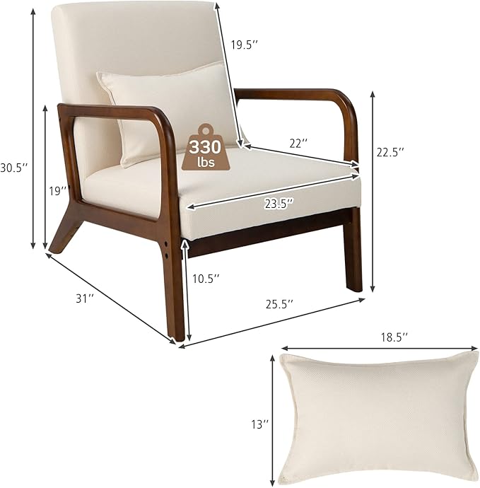 MAT EXPERT Mid Century Accent Chairs Set of 2 Modern Sofa Armchair with Solid Wooden Frame Soft Padded Cushion &amp Linen Fabric Upholstered Living Room Reading Chair with Pillow for Bedroom Balc