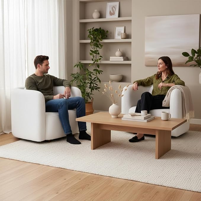 39 W Barrel Chairs Set of 2 Mid-Century Modern Boucle Accent Chairs with Armrests and Pillow Upholstered Barrel Sofa Chair Set for Living Room Bedroom Apartment No Assembly White