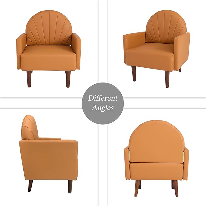PU Accent Chairs for Living Room with High-Density Foam Cushion Mid-Century Single Sofa Armchair with Solid Wood Legs Upholstered Reading Chair for Bedroom Home Office (Shell Orange)