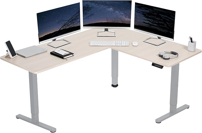 VIVO Corner Standing Desk 63 x 55 inch Reversible L-Shaped Workstation Electric Height Adjustment Home Office and Reception Rooms Light Wood Table Top Gray Frame DESK-E3CTGC