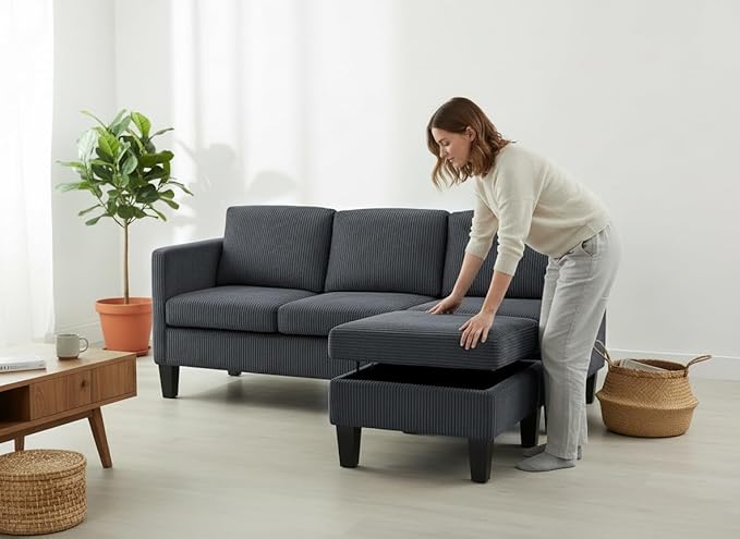 Modern L-Shaped Sofa with Corduroy Fabric 3-Seater Sectional Couch for Small Space Space-Saving Design Easy Assembly (Gray)