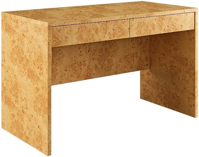 Modway Hudson Burl Wood Desk with Drawers in Natural - Modern Writing Desk - Narrow Home Office Desk - Vanity Table Without Mirror