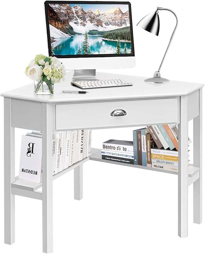 Tangkula White Corner Desk with Drawer Storage Shelves for Computer Makeup Vanity Desk for Small Space 90 Degrees Triangle Desk