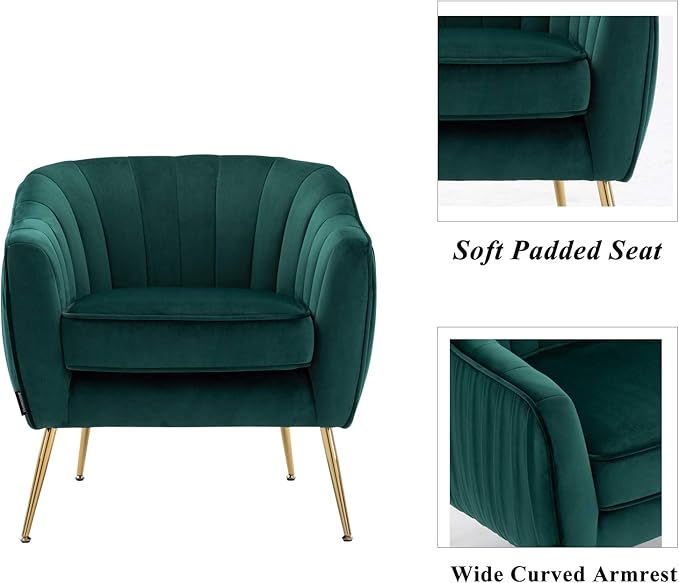 Artechworks Velvet ModernTub Barrel Arm Chair Upholstered Tufted with Golden Legs Accent Club Chair for Living Reading Room Bedroom Green