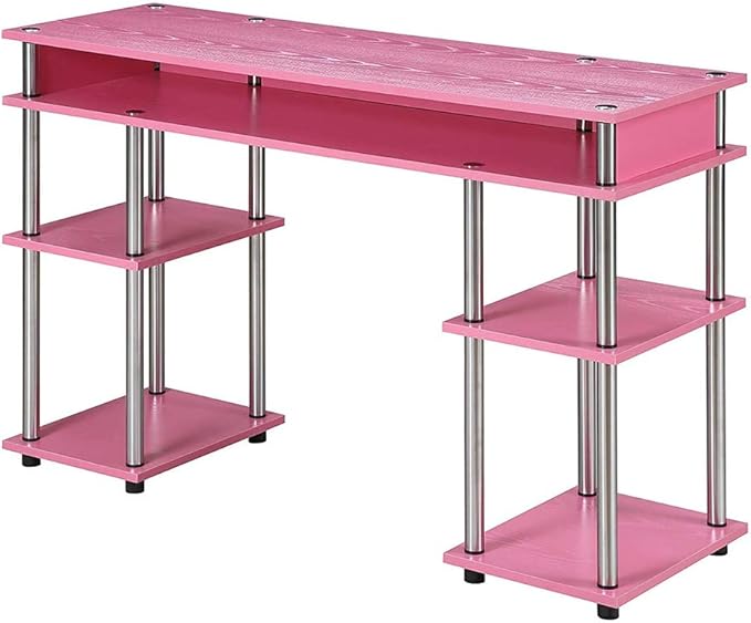 Convenience Concepts Designs2Go No Tools Student Desk 47.25 - Contemporary Office Dorm Room Desk and Vanity with Storage Shelves Pink