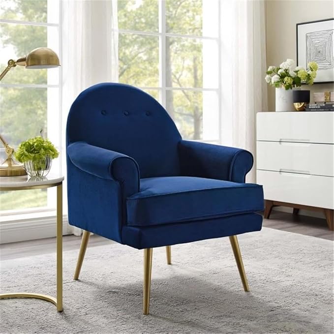 Pemberly Row Modern Velvet Button Tufted Accent Armchair Navy Upholstery Gold Stainless Steel Legs Dense Foam Padding 25.5 H x 30 W x 33.5 D Living Room Lounge or Home Office Chair