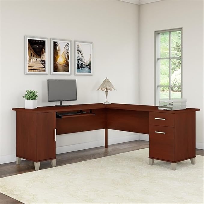 BOWERY HILL 71 L-Shaped Desk Hansen Cherry Finish Engineered Wood Wire Management Keyboard Tray Vertical Storage Cabinet with Adjustable Shelf Home Office Workstation