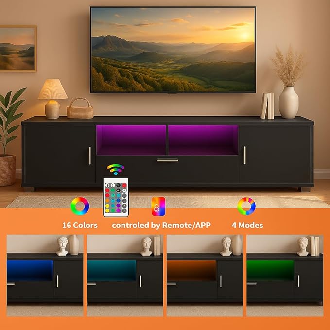 Modern Black TV Stand for TVs up to 75 Inches – LED Light Entertainment Center with Drawer &amp Cabinets Media Console with Storage Shelves for Living Room