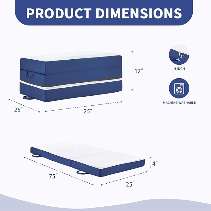 CYMULA Folding Mattress Single Size4 inch Memory Foam Tri-Fold Single Floor Mattress Topper with Breathable &amp Washable CoverLightweight Foldable Mat for CampingNaps and Guests(25×75×4)