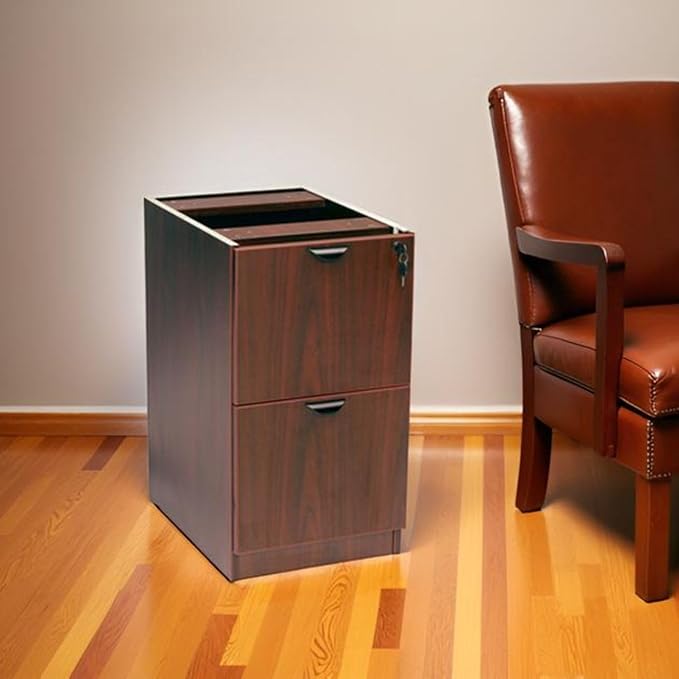 Mahogany Full Pedestal File Cabinet Two-Drawer Filing Unit Thermal Fused Melamine Construction Scratch-Resistant Finish Cam Lock Assembly System Leveling Glides
