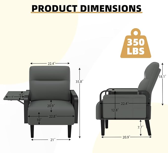 Upholstered Faux Leather Accent Chair Set of 2 Armchair with Tray Table Comfy Reading Chair for Living Room Bedroom Guest Room Gray