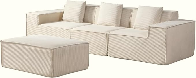 Harper Convertible Corduroy Sectional Couch with Ottoman &amp Pillows Modular L Shaped Sleeper Sofa Boneless Cloud Couch for Living Room Furniture Beige