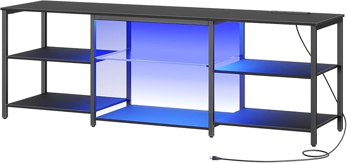 HOOBRO LED TV Stand for 75 Inch TVs with Charging Station Gaming Entertainment Center with 3-Tier Open Storage Long 70.1” Media TV Console Table TV Stand for Living Room Bedroom Black BB22UDDS01