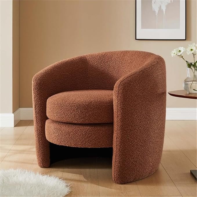 MAKLAINE Upholstered Boucle Fabric Curved Back Armchair Rust Finish Dense Foam Padding Removable Seat Cushion Fully Assembled Living Room or Bedroom Accent Chair